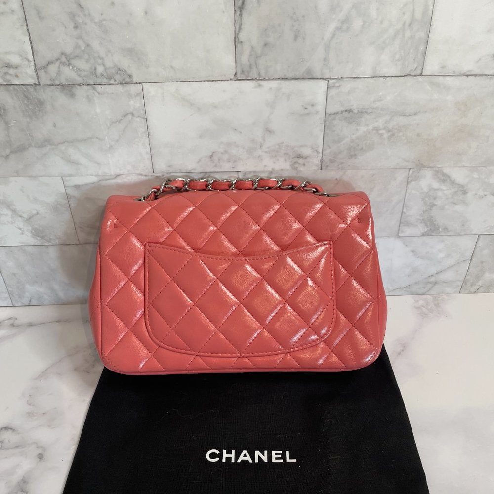 Chanel Mini Classic Flap Pink Coral Orange Lambskin Rectangular Crossbody Silver - Picture 10 of 15